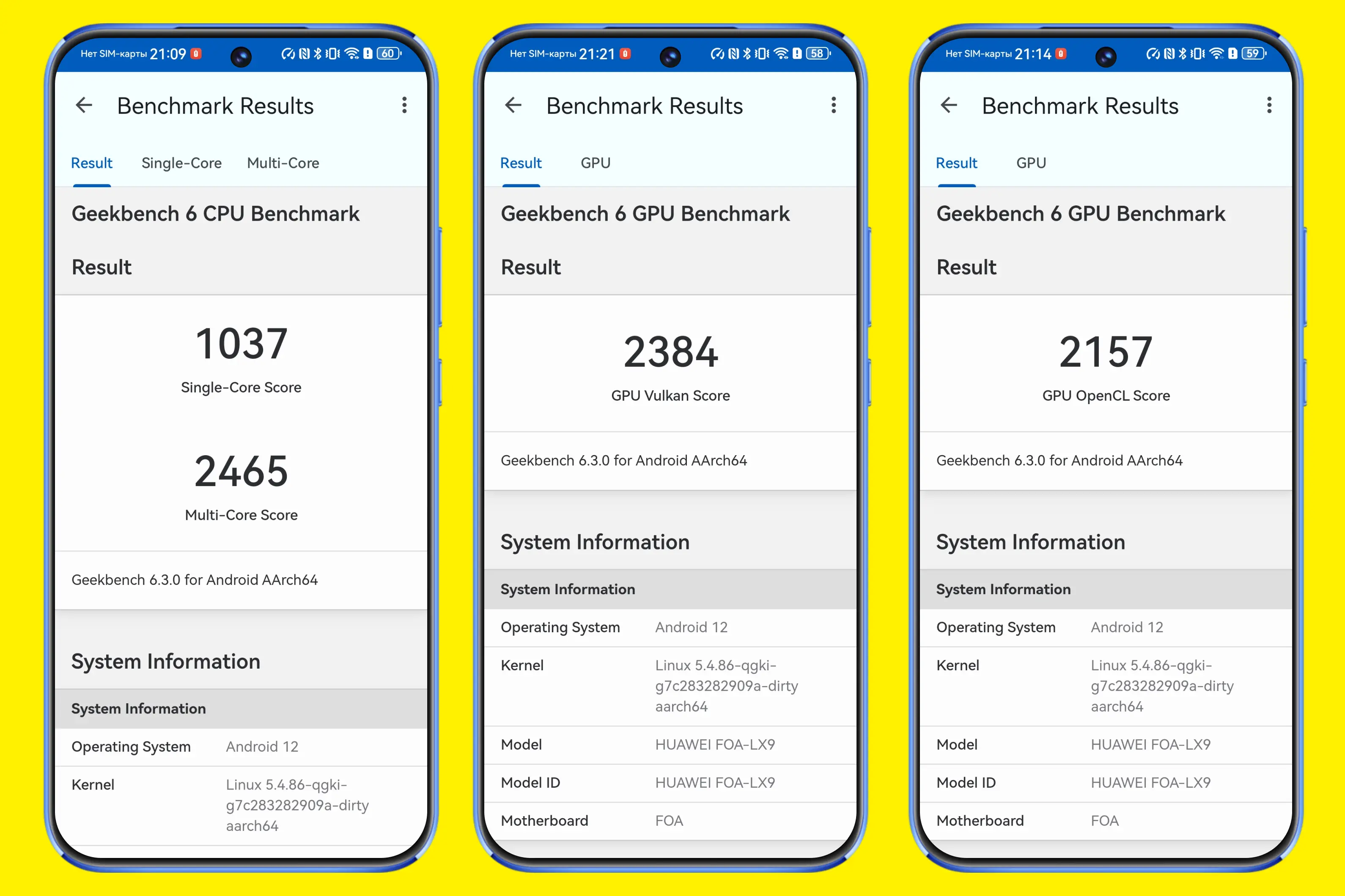 Слева направо: результат теста Geekbench 6, результат теста Geekbench 6, Vulkan, результат теста Geekbench 6, OpenCL